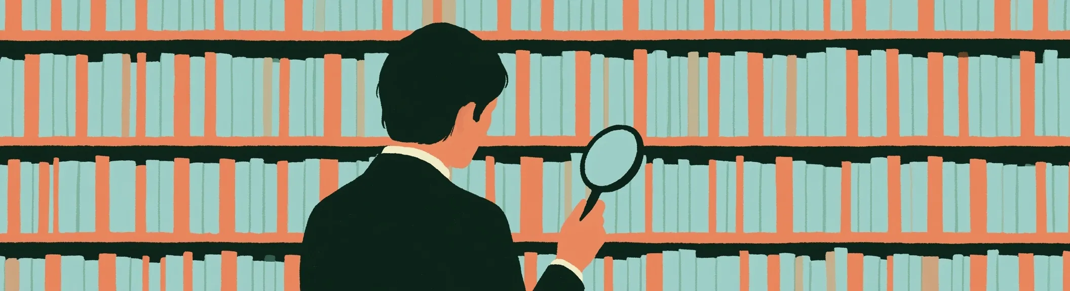 A person searching rows of shelves with a magnifying glass